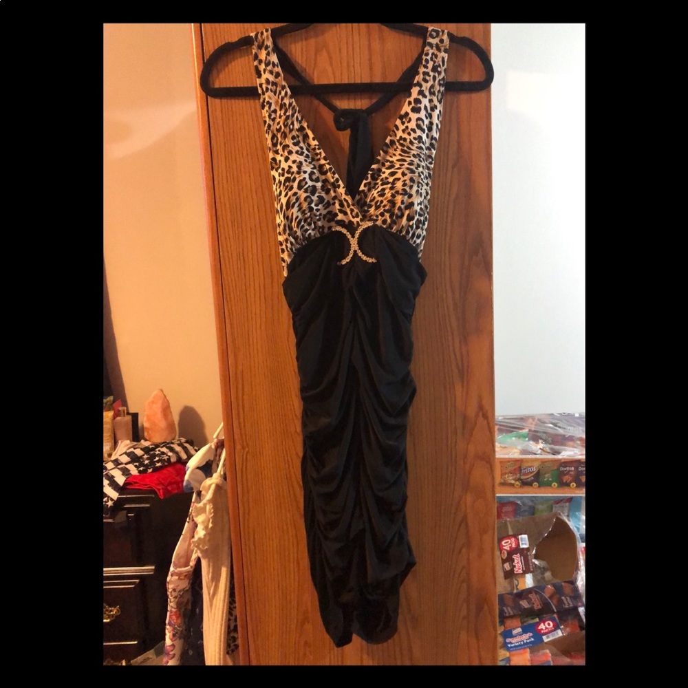 Black silky skin tight cheetah print dress